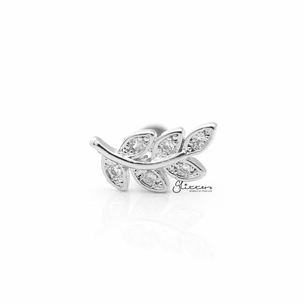 C.Z Paved Leaf Internally Threaded Top Cartilage/Tragus Flat Back Stud - Silver-Body Piercing Jewellery, Cartilage, Cubic Zirconia, Jewellery, Tragus, Women's Earrings, Women's Jewellery-TG0022S1_600-Glitters