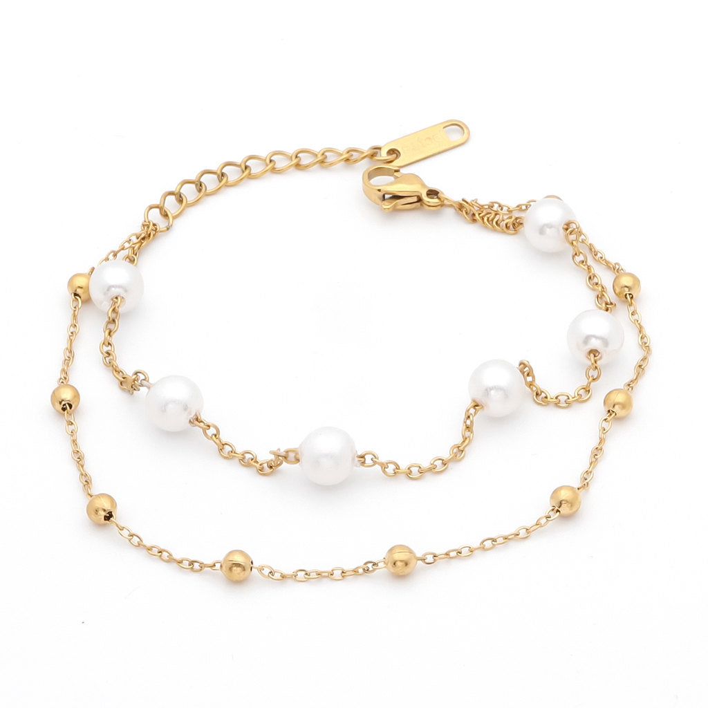 Double Layered Women's Bracelet with Pearl Charms - Gold-Bracelets, Jewellery, New, Stainless Steel, Stainless Steel Bracelet, Women's Bracelet, Women's Jewellery-WB0001-G1_1-Glitters