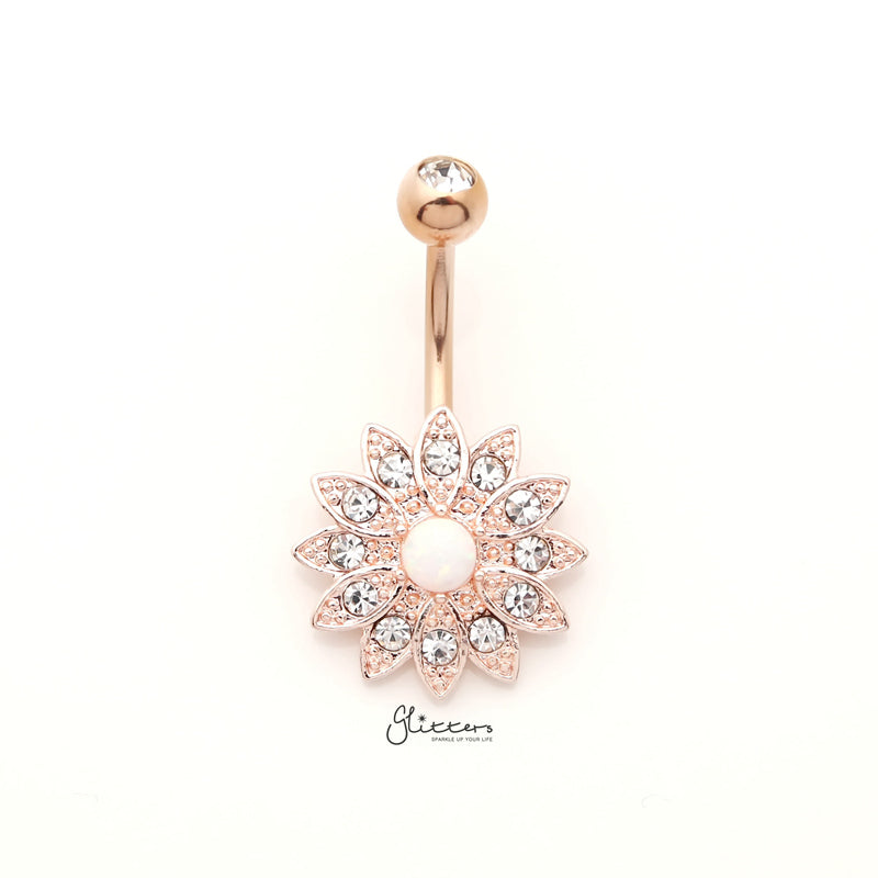 Crystal Paved Flower with Opal Center Belly Button Navel Ring - Rose Gold-Belly Ring, Body Piercing Jewellery, Crystal-bj0341-rg_800-Glitters