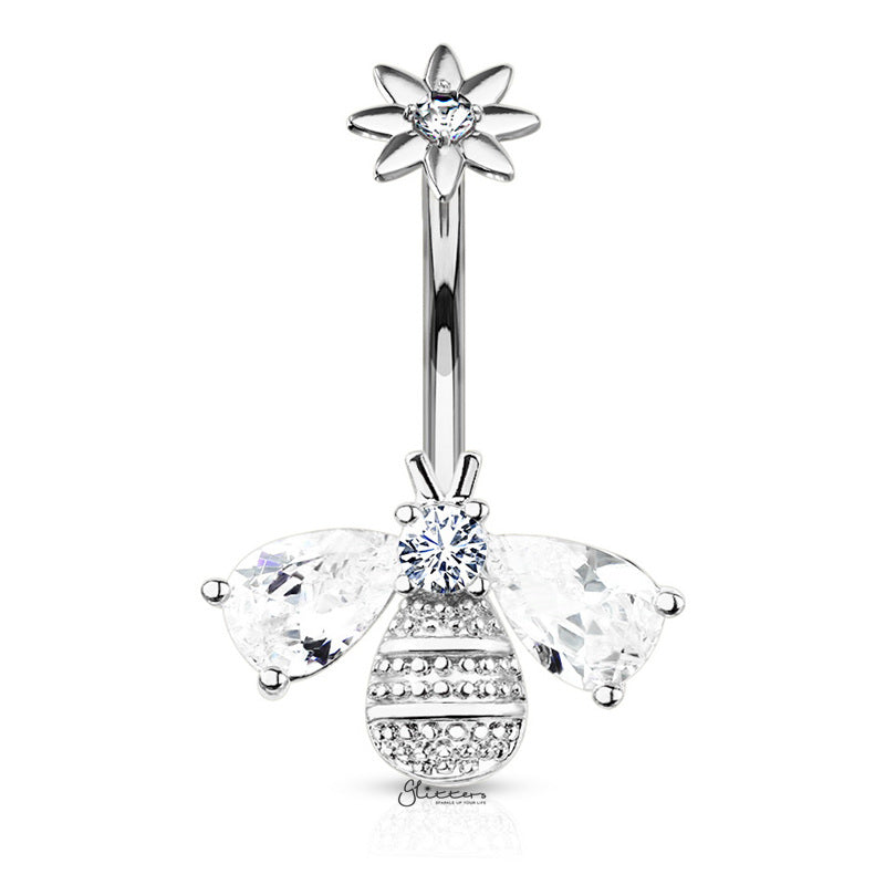 Bee Belly Button Navel Ring - Silver-Belly Ring, Body Piercing Jewellery, Cubic Zirconia-bj0357-s1_800-Glitters