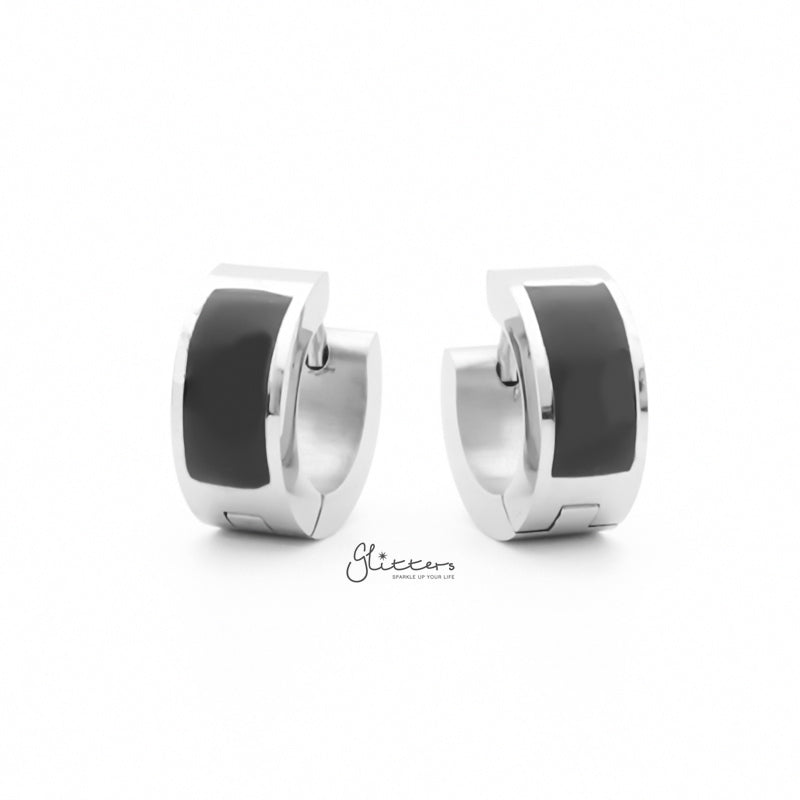 Black Centre Stainless Steel Hinged Hoop Earrings - Silver-earrings, Hoop Earrings, Huggie Earrings, Jewellery, Men's Earrings, Men's Jewellery, Stainless Steel-er1541-s1_800-Glitters