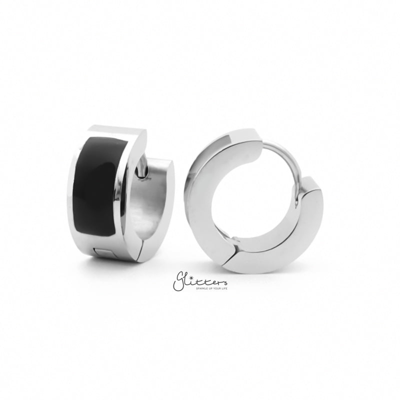 Black Centre Stainless Steel Hinged Hoop Earrings - Silver-earrings, Hoop Earrings, Huggie Earrings, Jewellery, Men's Earrings, Men's Jewellery, Stainless Steel-er1541-s2_800-Glitters