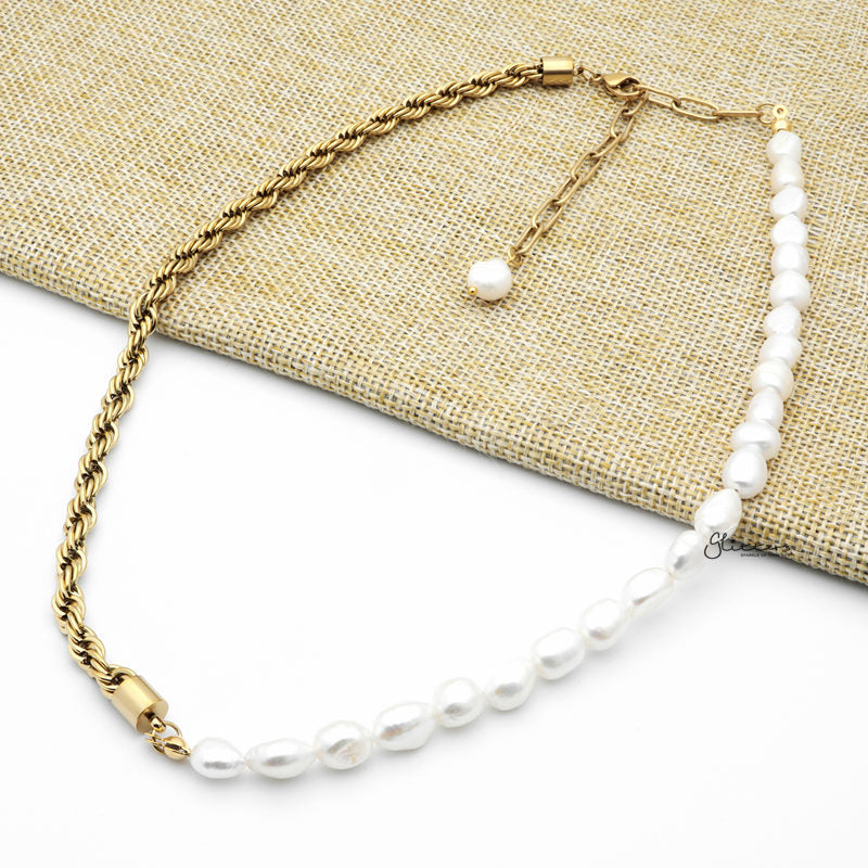 Freshwater Pearls with Stainless Steel Twisted Rope Chain Necklace-Freshwater Pearl, Jewellery, Necklaces, Stainless Steel Chain, Women's Jewellery, Women's Necklace-nk1089-2_1-Glitters