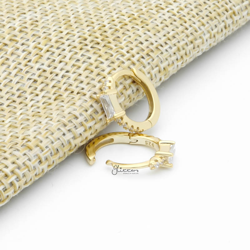Sterling Silver Baguette CZ One-Touch Huggie Hoop Earrings - Gold-Cubic Zirconia, earrings, Hoop Earrings, Jewellery, Women's Earrings, Women's Jewellery-sse0425-g3_800-Glitters
