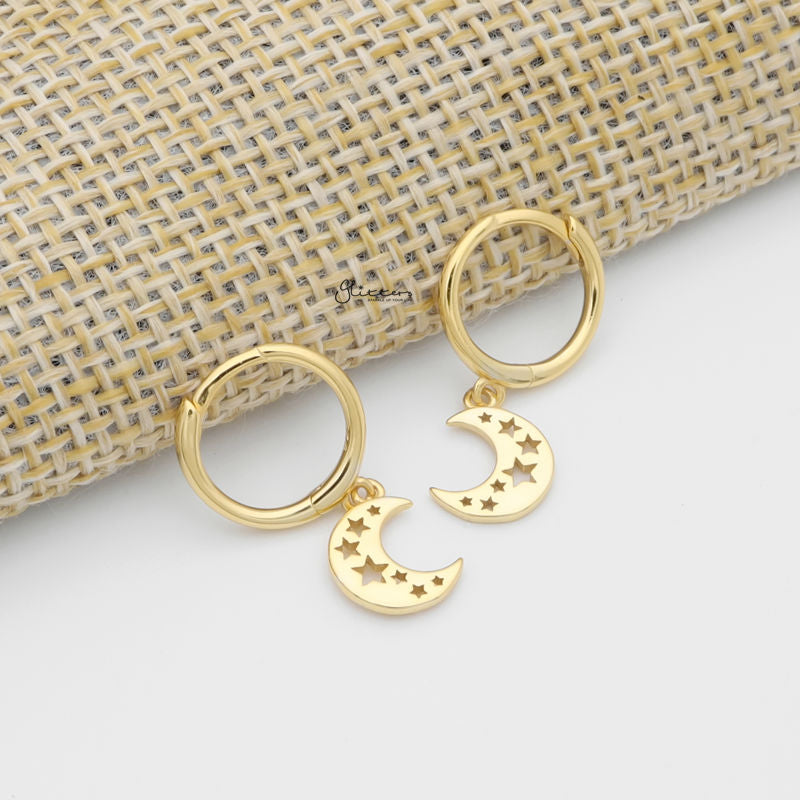 Crescent Moon with Stars Charm Huggie Hoop Earrings - Gold-earrings, Hoop Earrings, Jewellery, Women's Earrings, Women's Jewellery-sse0435-g1_800-Glitters