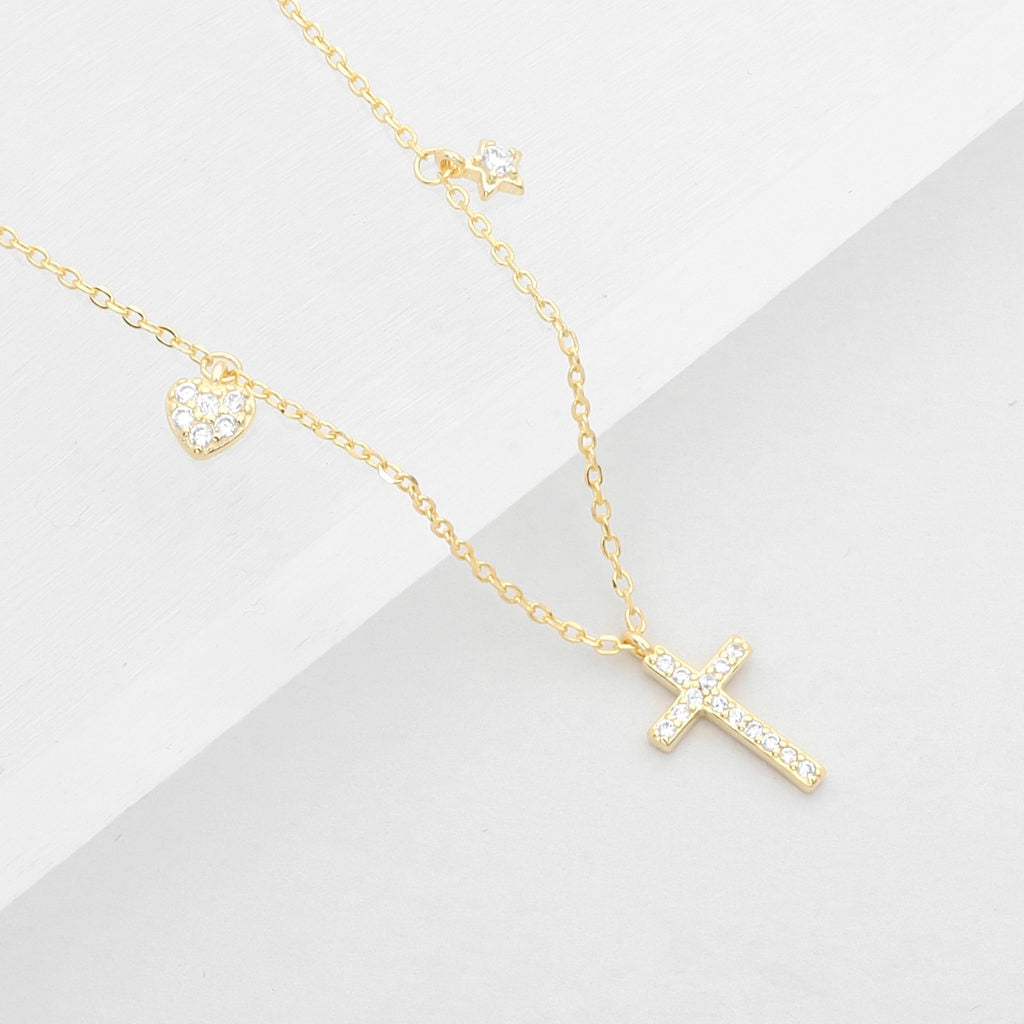 Sterling Silver C.Z Paved Cross Necklace-Cubic Zirconia, Jewellery, Necklaces, New, Out of stock, Sterling Silver Necklaces, Women's Jewellery, Women's Necklace-ssp0183-g3_1-Glitters