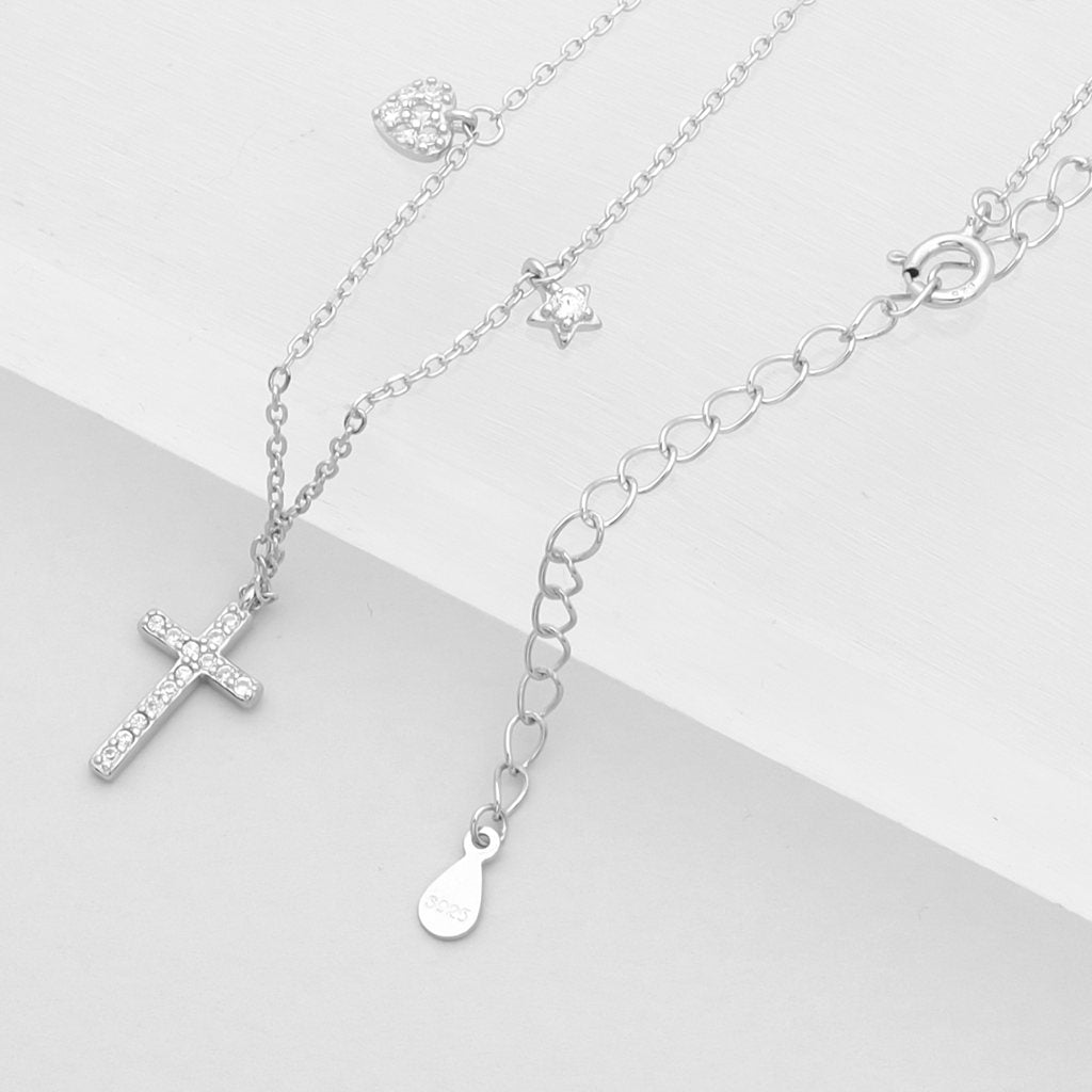 Sterling Silver C.Z Paved Cross Necklace-Cubic Zirconia, Jewellery, Necklaces, New, Out of stock, Sterling Silver Necklaces, Women's Jewellery, Women's Necklace-ssp0183-s4_1-Glitters